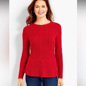 Talbots Red Cable Knit Peplum Hem Long Sleeve Sweater Cashmere Blend Sz Large